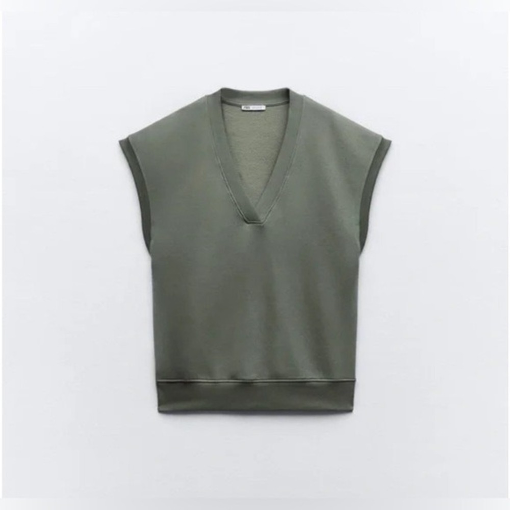 Zara Oversize Khaki Plush V-Neck Vest Capped Sleeve Fleece Top Medium - Picture 4 of 8